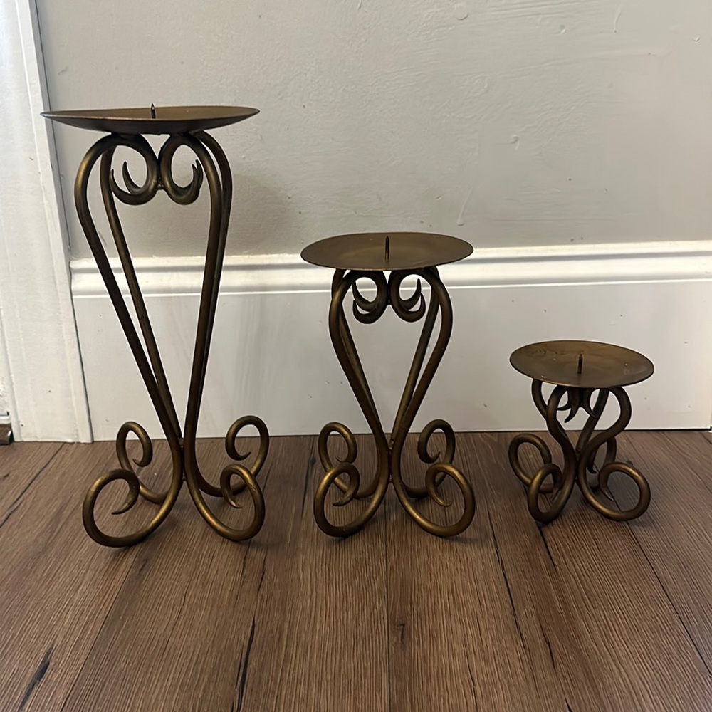 Vintage Gold Metal Candle Holders 3 Piece